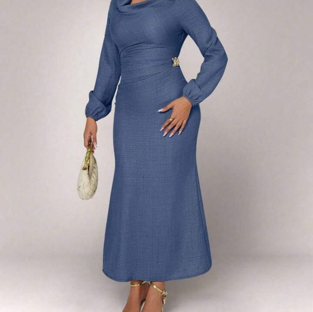XYVIA Elegant Cowl Neck Ruched Midi Dress--**BRAND NEW**"